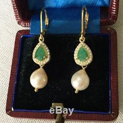 Long Earrings Splendid Old Doreilles Vermeil Emerald Pearl Baroque