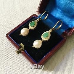 Long Earrings Splendid Old Doreilles Vermeil Emerald Pearl Baroque