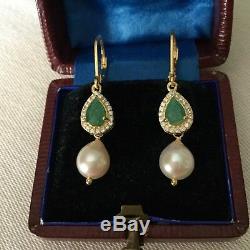 Long Earrings Splendid Old Doreilles Vermeil Emerald Pearl Baroque