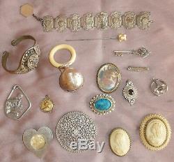 Lot Of Antique & Vintage Jewels + Sterling Silver Rattle To Restore