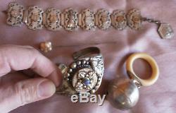 Lot Of Antique & Vintage Jewels + Sterling Silver Rattle To Restore