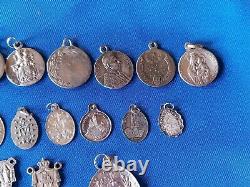 Lot of 32 Antique Religious Medals in Solid Silver No. 8