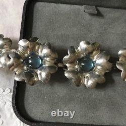 MODERNIST Vintage Floral Bracelet, Solid Silver with Blue Cabochon