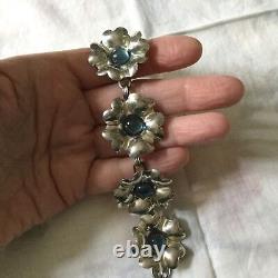 MODERNIST Vintage Floral Bracelet, Solid Silver with Blue Cabochon