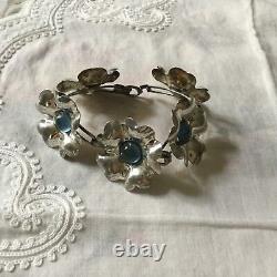 MODERNIST Vintage Floral Bracelet, Solid Silver with Blue Cabochon