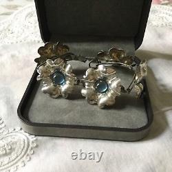 MODERNIST Vintage Floral Bracelet, Solid Silver with Blue Cabochon