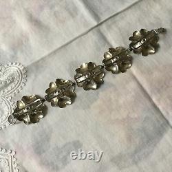 MODERNIST Vintage Floral Bracelet, Solid Silver with Blue Cabochon