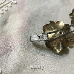 MODERNIST Vintage Floral Bracelet, Solid Silver with Blue Cabochon