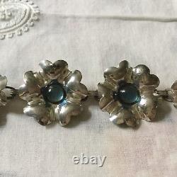 MODERNIST Vintage Floral Bracelet, Solid Silver with Blue Cabochon