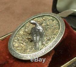 Magnif Old Brooch In Sterling Silver Bird Trophee Hunting Ecrin Armoirié XIX