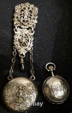 Magnificent Ancient Chatelaine Clavet Silver Massif + His Beautiful Watch Decors