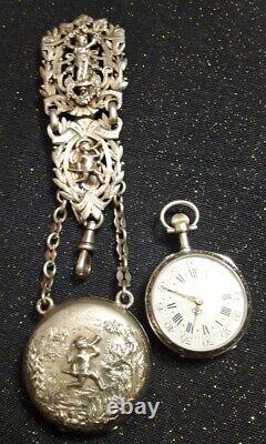 Magnificent Ancient Chatelaine Clavet Silver Massif + His Beautiful Watch Decors