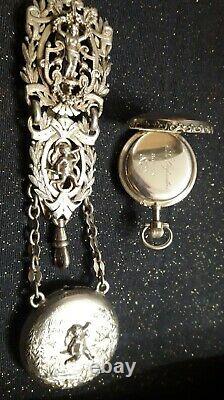 Magnificent Ancient Chatelaine Clavet Silver Massif + His Beautiful Watch Decors