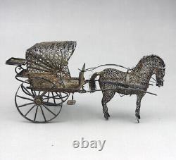 Magnificent ancient cart and miniature horse in filigree solid silver