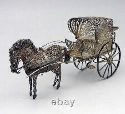 Magnificent ancient cart and miniature horse in filigree solid silver