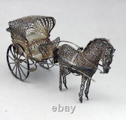 Magnificent ancient cart and miniature horse in filigree solid silver