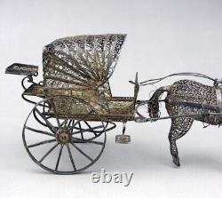 Magnificent ancient cart and miniature horse in filigree solid silver
