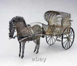Magnificent ancient cart and miniature horse in filigree solid silver