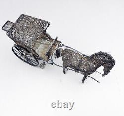 Magnificent ancient cart and miniature horse in filigree solid silver