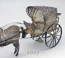 Magnificent ancient cart and miniature horse in filigree solid silver