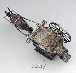 Magnificent ancient cart and miniature horse in filigree solid silver