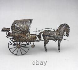 Magnificent ancient cart and miniature horse in filigree solid silver