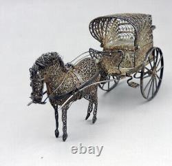 Magnificent ancient cart and miniature horse in filigree solid silver