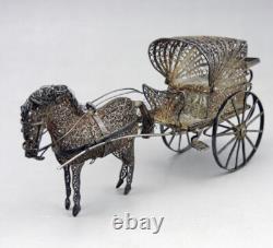 Magnificent antique cart and miniature horse in filigree solid silver