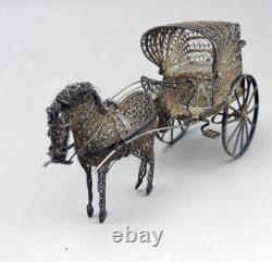 Magnificent antique cart and miniature horse in filigree solid silver