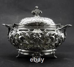 Magnificent antique solid silver sugar bowl with handles, Minerva hallmark, 19th century