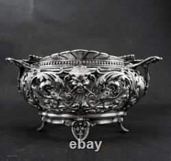 Magnificent antique solid silver sugar bowl with handles, Minerva hallmark, 19th century