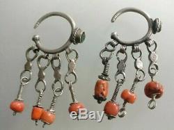 Morocco Old Earrings Berber Maghreb, Silver, Natural Coral