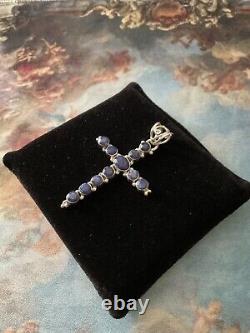 Natural Blue Sapphire, Solid Silver, Large Antique Cross