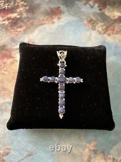 Natural Blue Sapphire, Solid Silver, Large Antique Cross