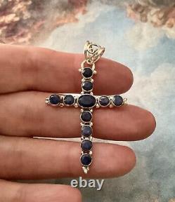 Natural Blue Sapphire, Sterling Silver, Large Ancient Cross