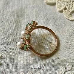 Natural Emerald, Perl, Vermeil Or Rose Argent Ancienne Bague Couture