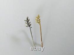OLD PAIR OF 18K GOLD + SOLID SILVER OLIVE BRANCH HAIRPINS