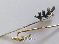 OLD PAIR OF 18K GOLD + SOLID SILVER OLIVE BRANCH HAIRPINS