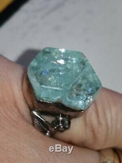 Old Aquamarine Brute In Monte Ring 925 Natur Superb Color