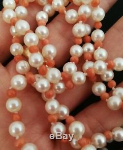 Old Art Deco Pearl And Coral Necklace, Clasp In Sterling Silver