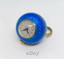 Old Art Deco Sterling Silver Enamel Blue Guilloche Ball Watch Pendant