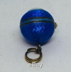 Old Art Deco Sterling Silver Enamel Blue Guilloche Ball Watch Pendant