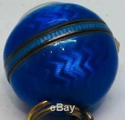 Old Art Deco Sterling Silver Enamel Blue Guilloche Ball Watch Pendant