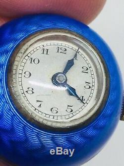 Old Art Deco Sterling Silver Enamel Blue Guilloche Ball Watch Pendant