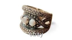 Old Art Deco solid silver ring with opals & marcasites size 59 (1.8 mm)