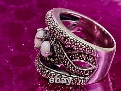 Old Art Deco solid silver ring with opals & marcasites size 59 (1.8 mm)