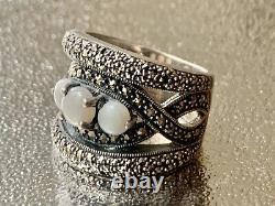 Old Art Deco solid silver ring with opals & marcasites size 59 (1.8 mm)