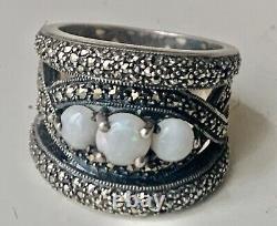 Old Art Deco solid silver ring with opals & marcasites size 59 (1.8 mm)