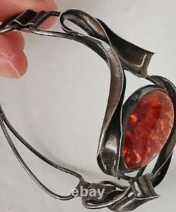 Old Articulated Amber Bracelet In Massive Silver, Signed Mw Style Art Nouveau