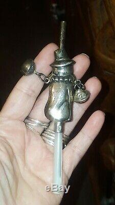 Old Baby Rattle Piping Nineteenth Handle High 925 Sterling Silver Pearl